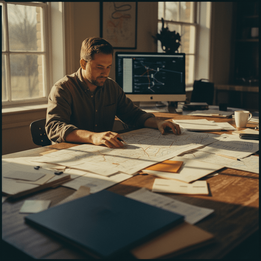 Logistics coordinator planning freight routes with maps and modern software tools