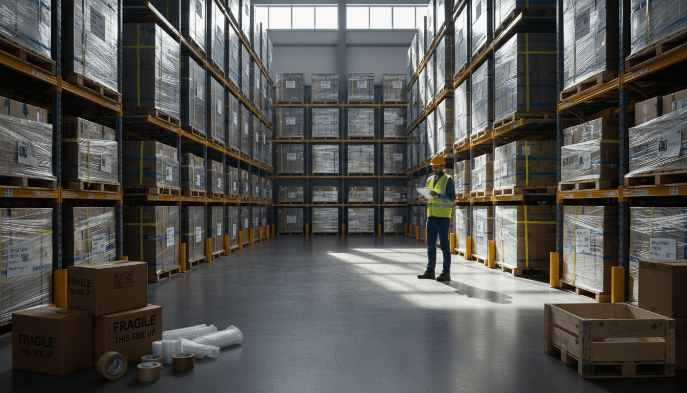 Organized warehouse with stacked freight pallets and logistics professional conducting inventory