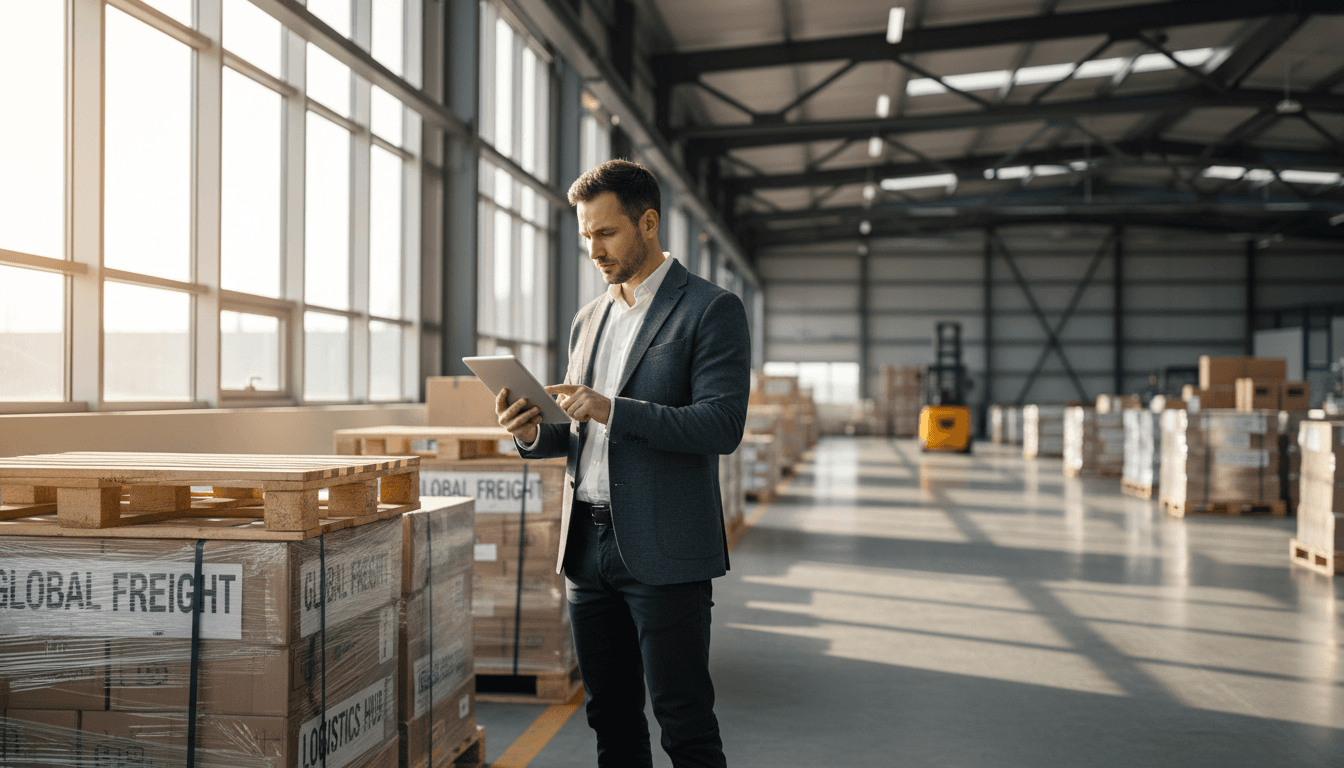Logistics professional reviewing shipment details in organized warehouse