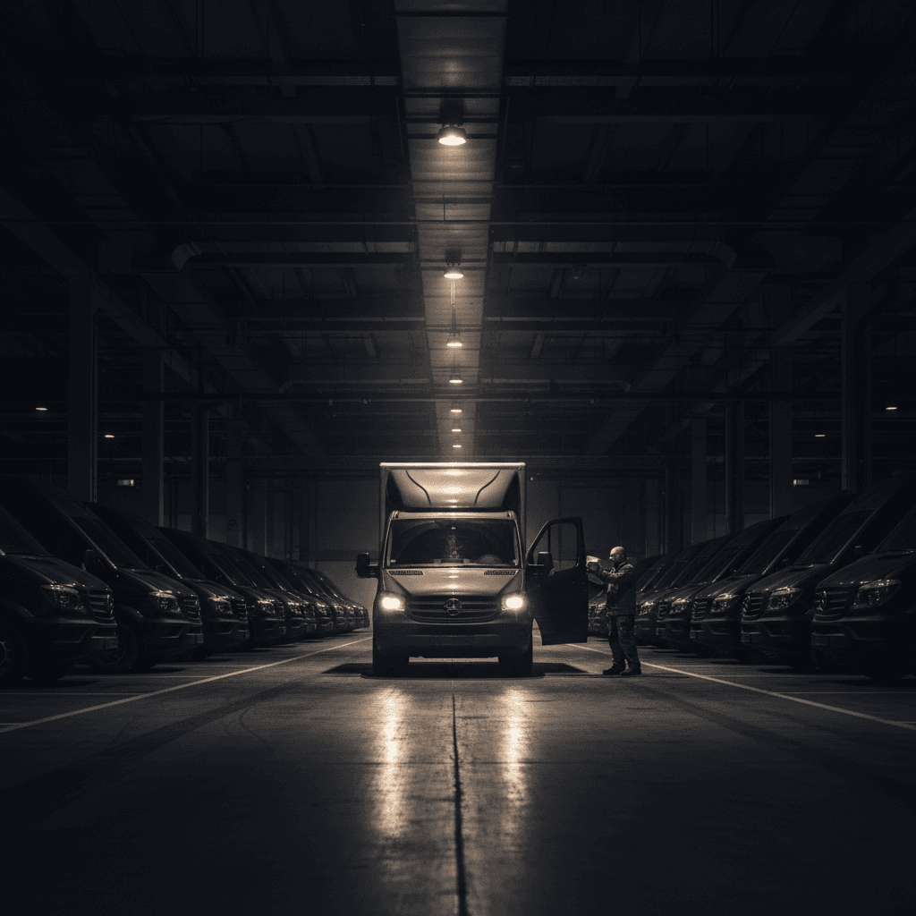 Multiple delivery vehicles lined up in organized distribution hub ready for regional routes