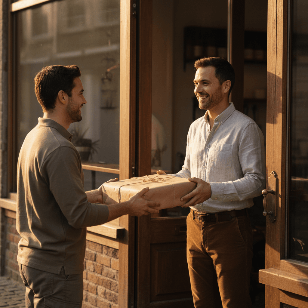 Delivery professional completing handoff with satisfied business customer