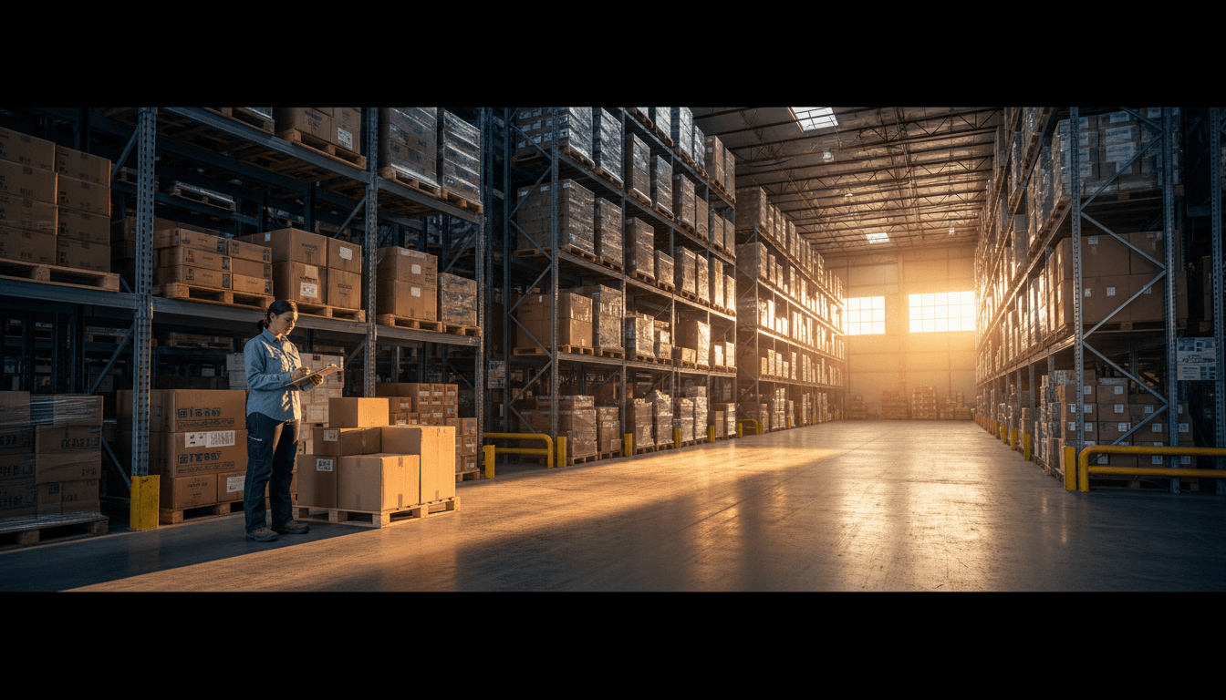 Organized logistics warehouse with inventory pallets and shipment management