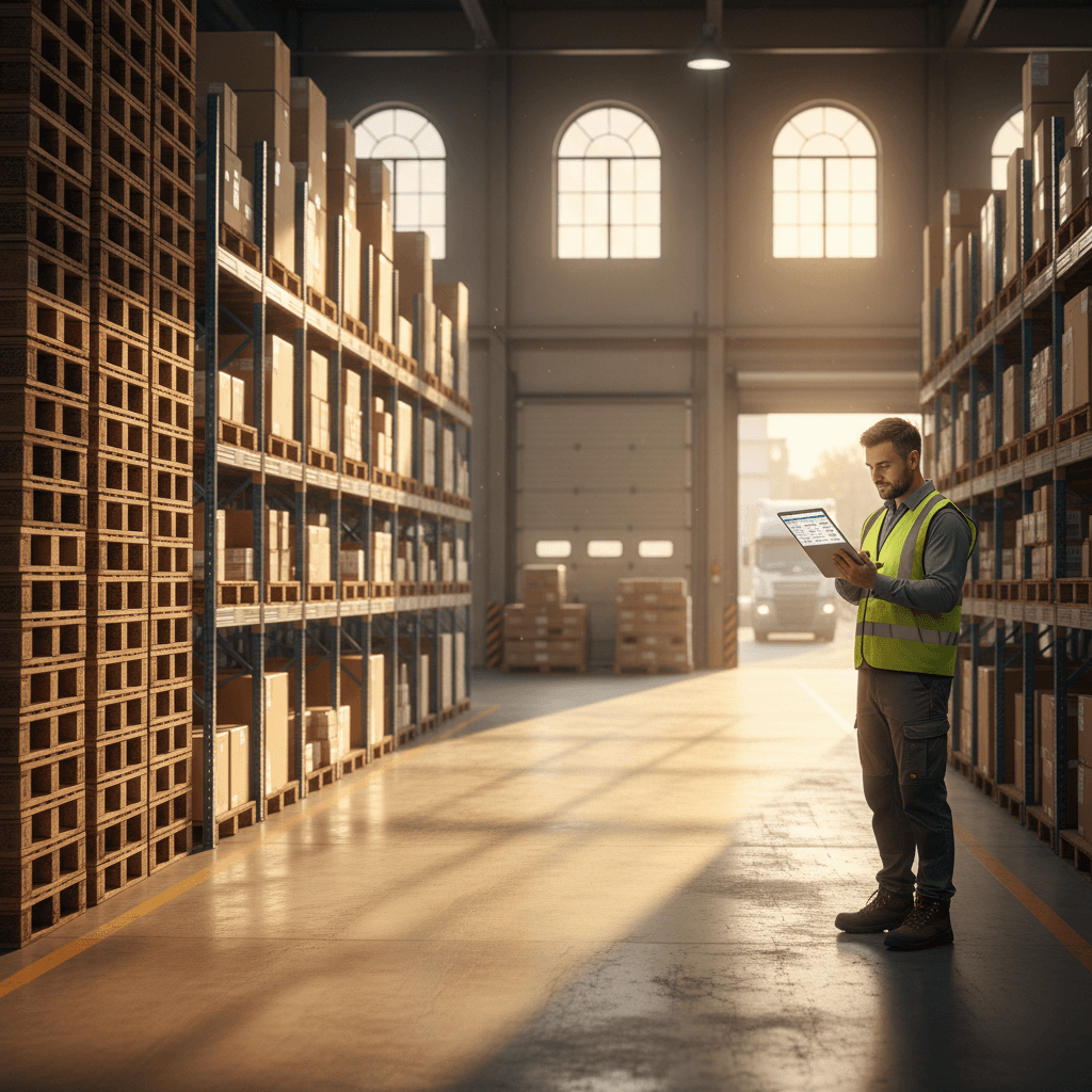 Professional reviewing shipment coordination on digital clipboard in organized warehouse dock