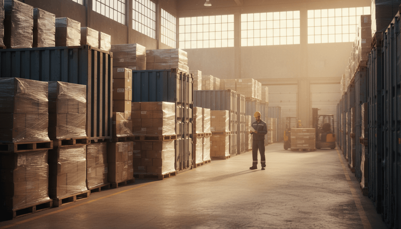 Organized warehouse and distribution operation with stacked shipments and logistics professional managing inventory