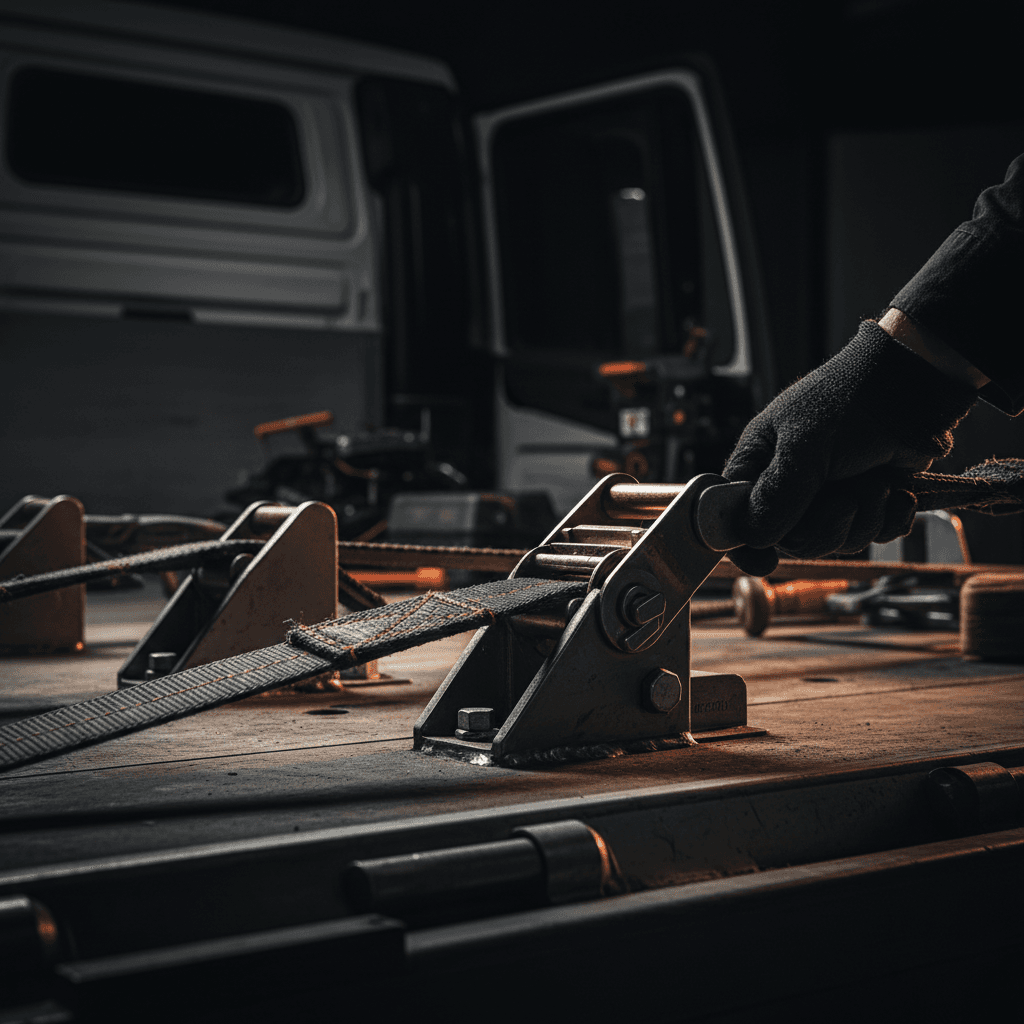 Close-up of specialized cargo securing equipment on logistics vehicle